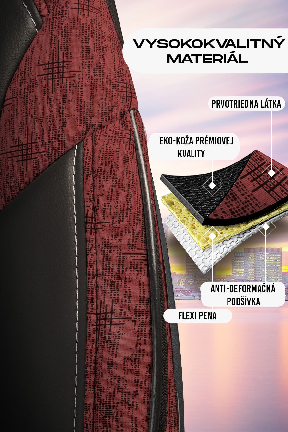 Detail 3vrstvé konstrukce autopotahů Benelux